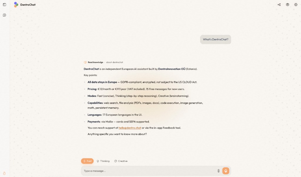 DentroChat answering a question about the product with cited knowledge