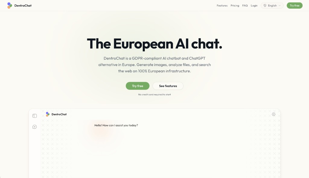 DentroChat landing page showing the European AI chat headline