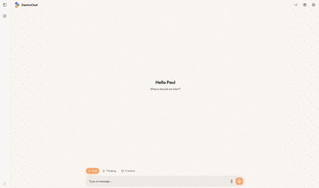 DentroChat new chat screen with mode selector and message input